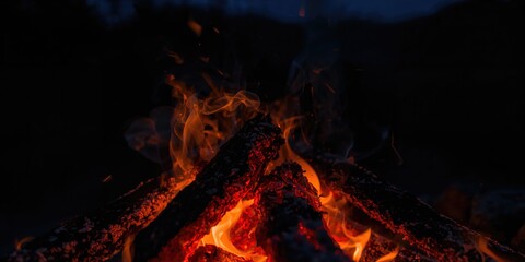 Closeup of glowing embers and charred twigs used for warmth and ambiance, winter season