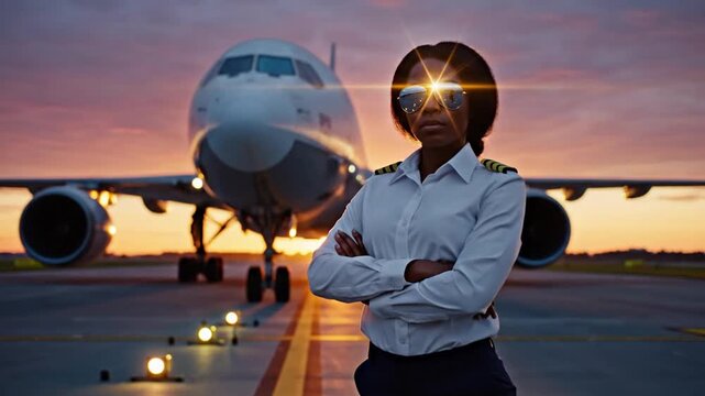 Heroic Black Female Pilot Stands Confidently on Airport Runway with Airplane at Dramatic Sunset