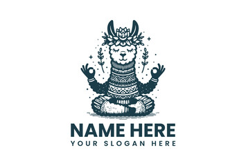 A vector illustration of a meditating llama wearing a crown with hands raised in a yoga pose on a white background with space for a logo and slogan.