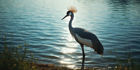 Fototapeta premium Crowned crane in a wetland environment, highlighting natural bird behavior and habitat preservation
