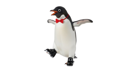Cute toy penguin character balancing and dancing wearing a red bow tie isolated PNG with Transparent Background