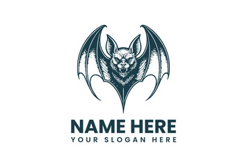 Vector illustration of a bat logo with wings spread wide on a white background with placeholder text for a business name and slogan in a dark green color scheme.