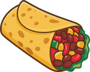 Mexican burrito wrap filled with meat, beans, corn, fast food, traditional cuisine vector icon