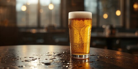 Chilled beer glass with droplets on a rustic wooden table, used as a background for bar layout, National Beer Day