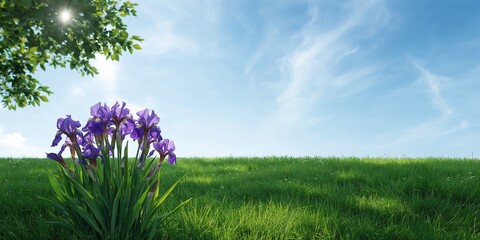 Iris Siberian perennial rhizome plant flower in a summer garden, with lush grass and a blue sky, landscape preservation