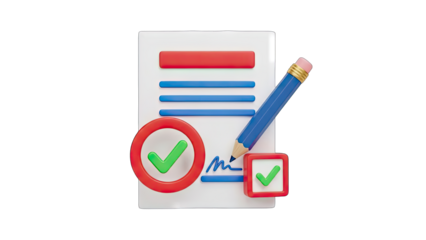 3D Illustration of a Document with Red and Blue Lines Pencil Signing and Green Checkmarks on Transparent Background