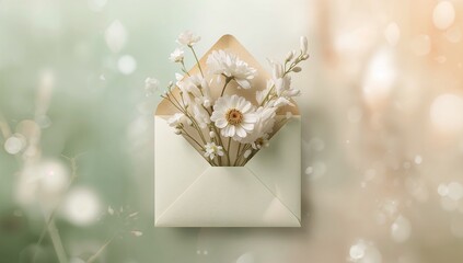 Spring floral bouquet of cherry white flowers placed within an envelope, suitable for Mothers Day gift packaging or greeting cards