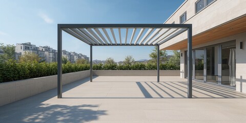 Fototapeta premium Large empty terrace featuring a gray metal pergola in a residential setting, suitable for outdoor gatherings