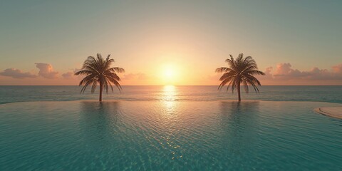 Fototapeta premium Tropical beach resort at sunset, with vibrant sky and relaxing atmosphere for tourism promotion