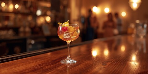 Bartender preparing a tropical fruit cocktail with ice in a restaurant setting, suitable for celebration or party, Wine and fruit ingredients, Food & Drink, World Cocktail Day