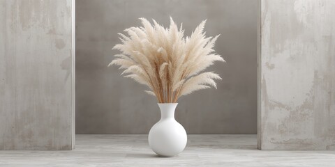Fototapeta premium Vertical shot of pampas grass in a white vase against a concrete backdrop, emphasizing modern eco decor, boho aesthetic