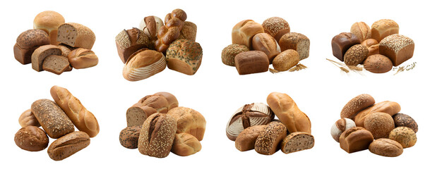 Various kinds of fresh homemade whole grain breads & buns isolated on transparent PNG background. loaf dark flour, healthy food.