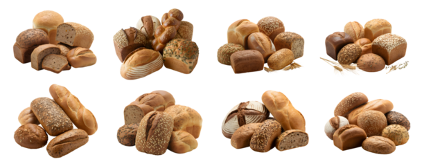Various kinds of fresh homemade whole grain breads & buns isolated on transparent PNG background. loaf dark flour, healthy food.