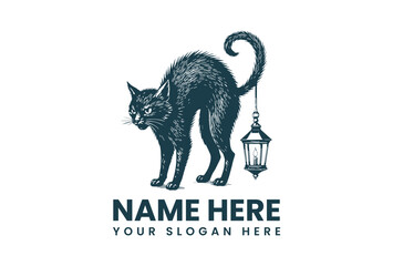 A dark blue vector illustration of a cat standing beside a lantern with placeholder text for a logo or brand name on a white background.