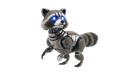 Detailed Futuristic Robot Raccoon Character Isolated 3D Illustration with Glowing Blue Eyes isolated PNG with Transparent Background