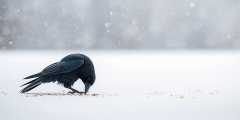 Fototapeta premium Large black crow on snowy ground in winter, natural survival in cold conditions, winter season