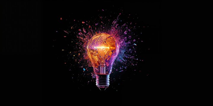 Brightly colored light bulb breaking apart with flying glass shards against a dark backdrop, focusing on electrical safety awareness, Earth Day - Powered by Adobe