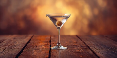 Cocktail scene featuring a dry martini with olives served on a wooden surface, emphasizing drink assembly and garnishing