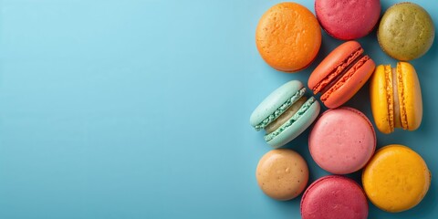 Close-up of colorful dessert cakes on a blue background, visual appeal in culinary presentation