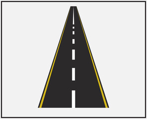 A clean and minimal illustration of a long straight road disappearing into the distance. The design features smooth black asphalt, yellow side lines, and white dashed center markings.