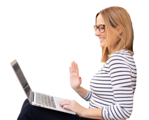 Side portrait of happy young caucasian woman sitting using laptop computer making a video call over transparent background. Business concept.