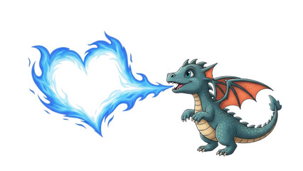 Fototapeta premium Cute Baby Dragon Illustration Breathing Blue Flame Heart Isolated Graphic Element isolated PNG with Transparent Background