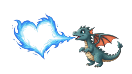 Cute Baby Dragon Illustration Breathing Blue Flame Heart Isolated Graphic Element isolated PNG with Transparent Background