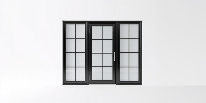 Metal window and door frames in black finish on plain background, useful for construction or interior planning
