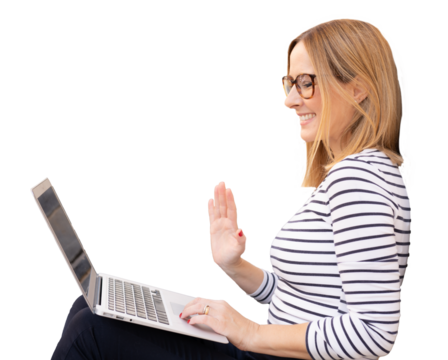 Side portrait of happy young caucasian woman sitting using laptop computer making a video call over transparent background. Business concept. - Powered by Adobe