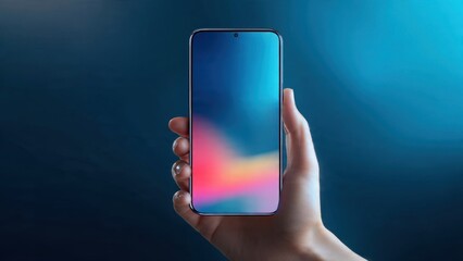 Close-up of female hand holding modern frameless smartphone with abstract colorful gradient screen (mockup ready) against a dark, dramatic blue backdrop.