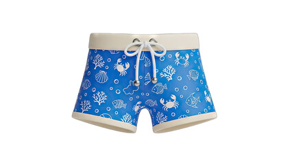 Blue Swim Trunks With White Coral Pattern And Cream Waistband Isolated On Transparent Background