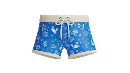 Blue Swim Trunks With White Coral Pattern And Cream Waistband Isolated On Transparent Background