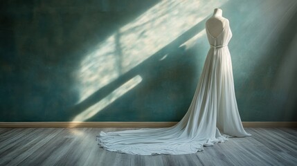 Elegant white flowing dress on mannequin teal wall sunlight shadow