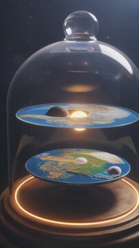 Flat earth model under a glass dome suitable for educational presentations, conspiracy theories, and scientific discussions on alternative earth beliefs.