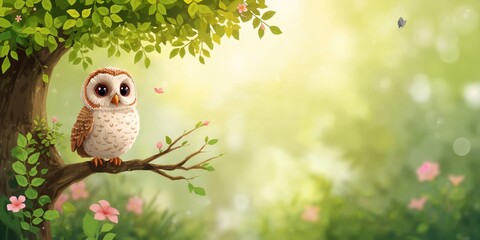 Fototapeta premium Small owl perched on tree branch, nocturnal activity for wildlife observation