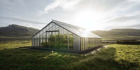 Obraz premium Geothermal greenhouses in Northern Iceland nature, supporting sustainable agriculture, spring planting season