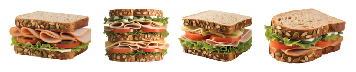 Sandwiches with fresh homemade whole grain bread slices isolated on a transparent PNG background. loaf dark flour, healthy food, dieting.