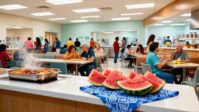 Hospital cafeteria offers communal dining with buffet stations and trays of fresh fruit on the counter, showing staff and visitors seated in a bright, clean dining area for casual meals and breaks