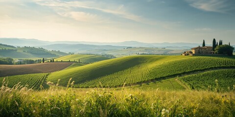 Fototapeta premium Landscape of Tuscany with rolling hills, meadows, and vineyards serving as a scenic agricultural backdrop, rural landscape of Italy
