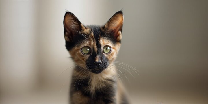 Tortoiseshell cats upper body in detailed view, highlighting coat coloration and stance, ideal for pet photography backgrounds