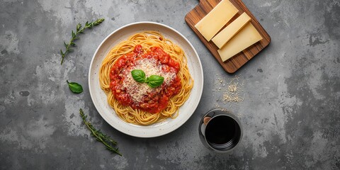 Flat lay of pasta on grey table surface, suitable for food presentation and layout design, World Food Day