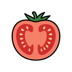 A vibrant and detailed illustration of a sliced tomato showing the seeds inside.