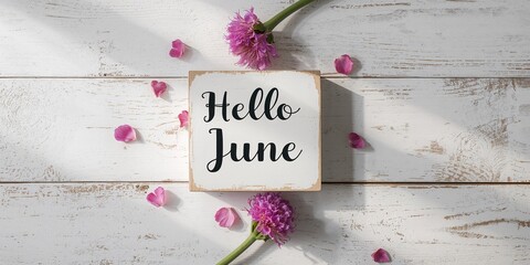 June greeting on wooden background with globe amaranth flowers, seasonal celebration imagery