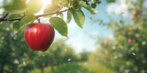 Apple orchard with ripe red fruits on branches, highlighting fresh produce and farming activity