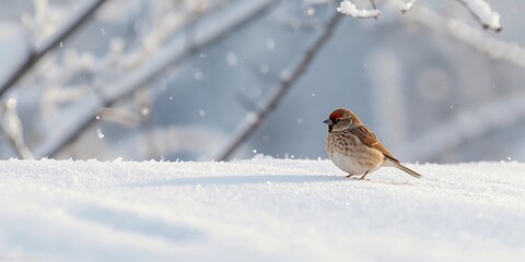 Small bird resting on snow in early spring, highlighting winter to spring transition