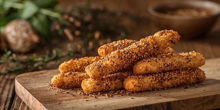 Golden-baked salted breadsticks with zaatar and sesame seeds, suited for snack or appetizer use - Powered by Adobe