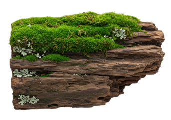 ultra-detailed macro shot of ancient log fragment with rough, dark wood grain, entirely covered in vibrant emerald sphagnum moss and lichens, isolated on clean white studio background: concept of