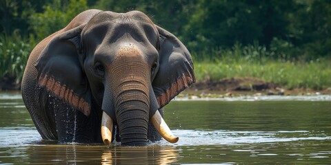 Closeup of a giant Asian elephant with long ivory in a river, natural habitat for wildlife preservation day