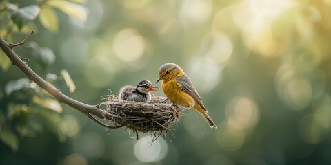 Bird and chick in nest, highlighting avian reproduction and early development