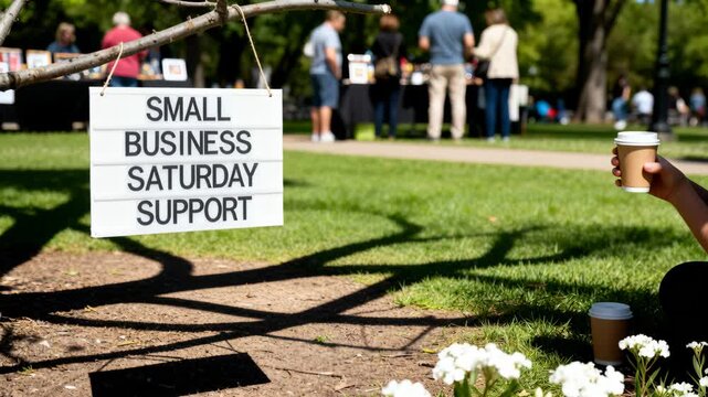Small business Saturday sign hangs in a sunlit park during a community outdoor market with vendors and visitors blurred in the background and an open grassy area offering copyspace for promotional tex